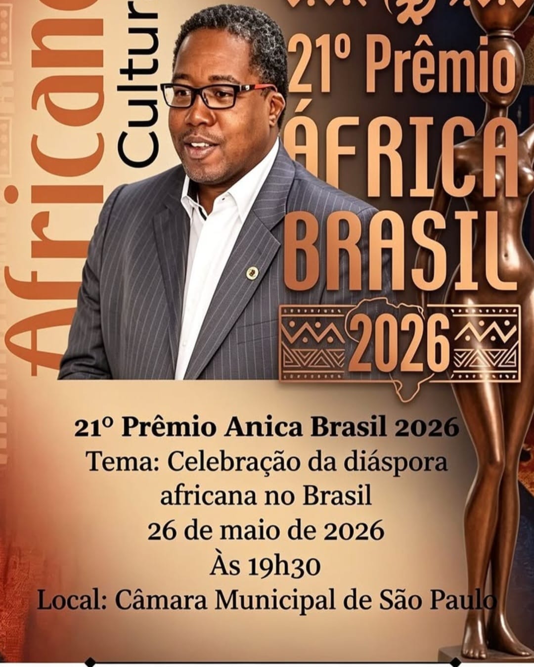 Jamir Silva será homenageado no XXI Prêmio África Brasil 2026 na Câmara Municipal de São Paulo